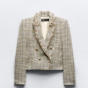 Zara Tweed Cropped Double-Breasted Jacket in Beige Multi